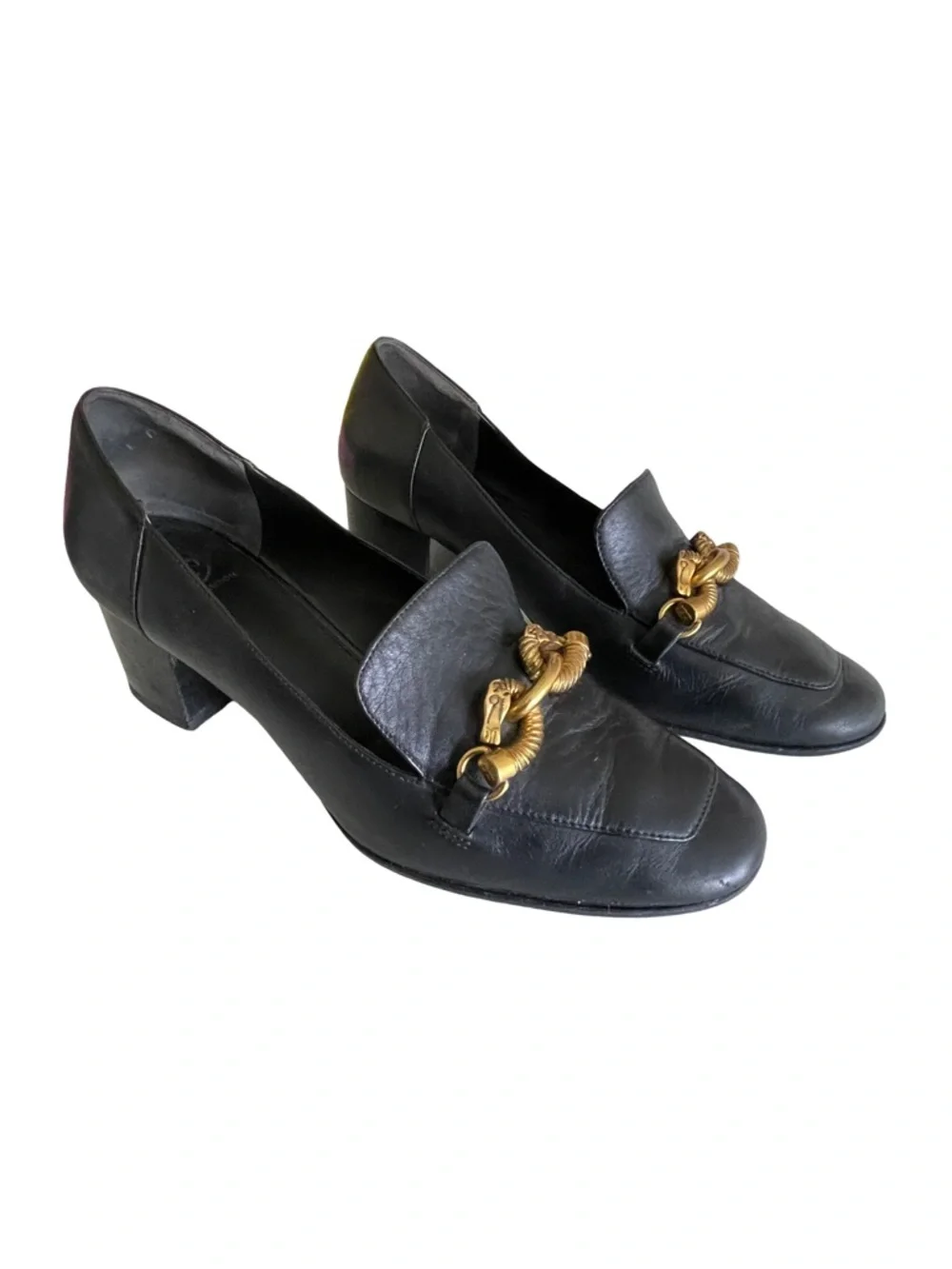 Tory Burch Jessa Black Leather Block Heel Loafers Gold Horsebit Detail Size 8.5